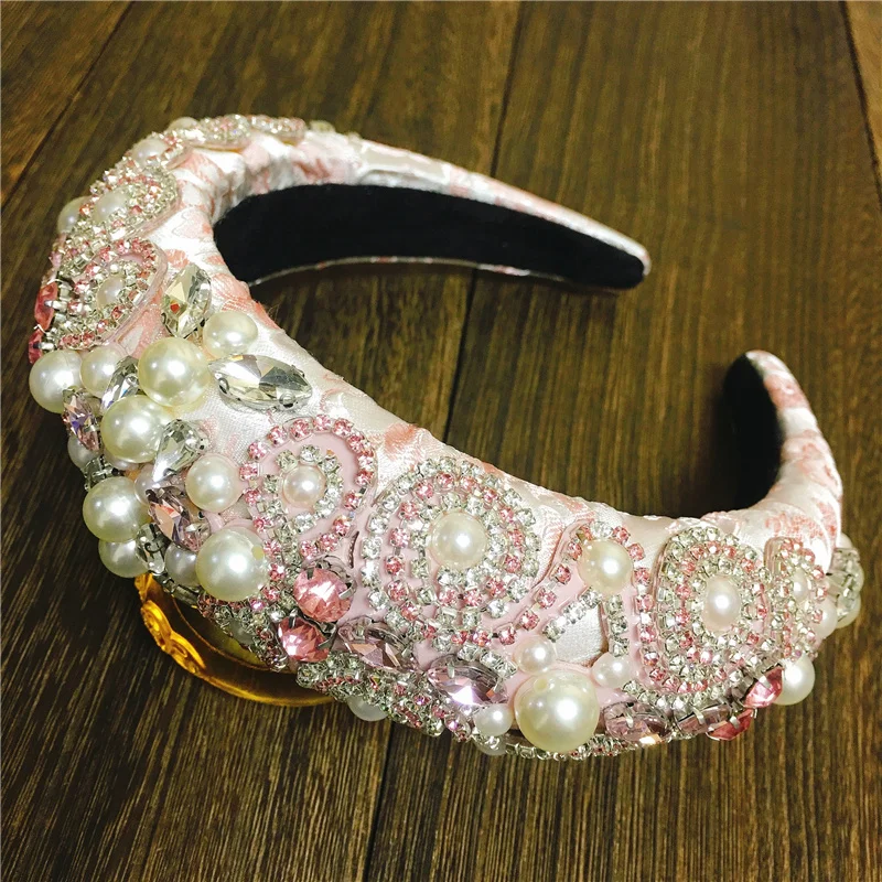 2021 New Embroidery Luxury Baroque Padded Hairband For Women Full Crystal Rhinestone Pearl Headband Wide Thick Hair Accessories