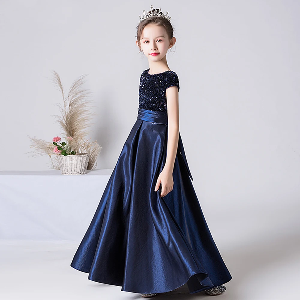 DIDELEVAGE-Robe de Princesse en Satin Bleu Marine à Paillettes pour Fille, Tenue de Soirée Formelle pour Junior, Interdiction d'Anniversaire