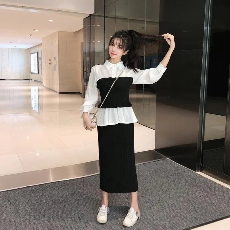 2023 Autumn And Winter New Korean Style Slim Fashion Stitching Knitted Cardigan Solid Color Sweater Skirt Two-piece Female