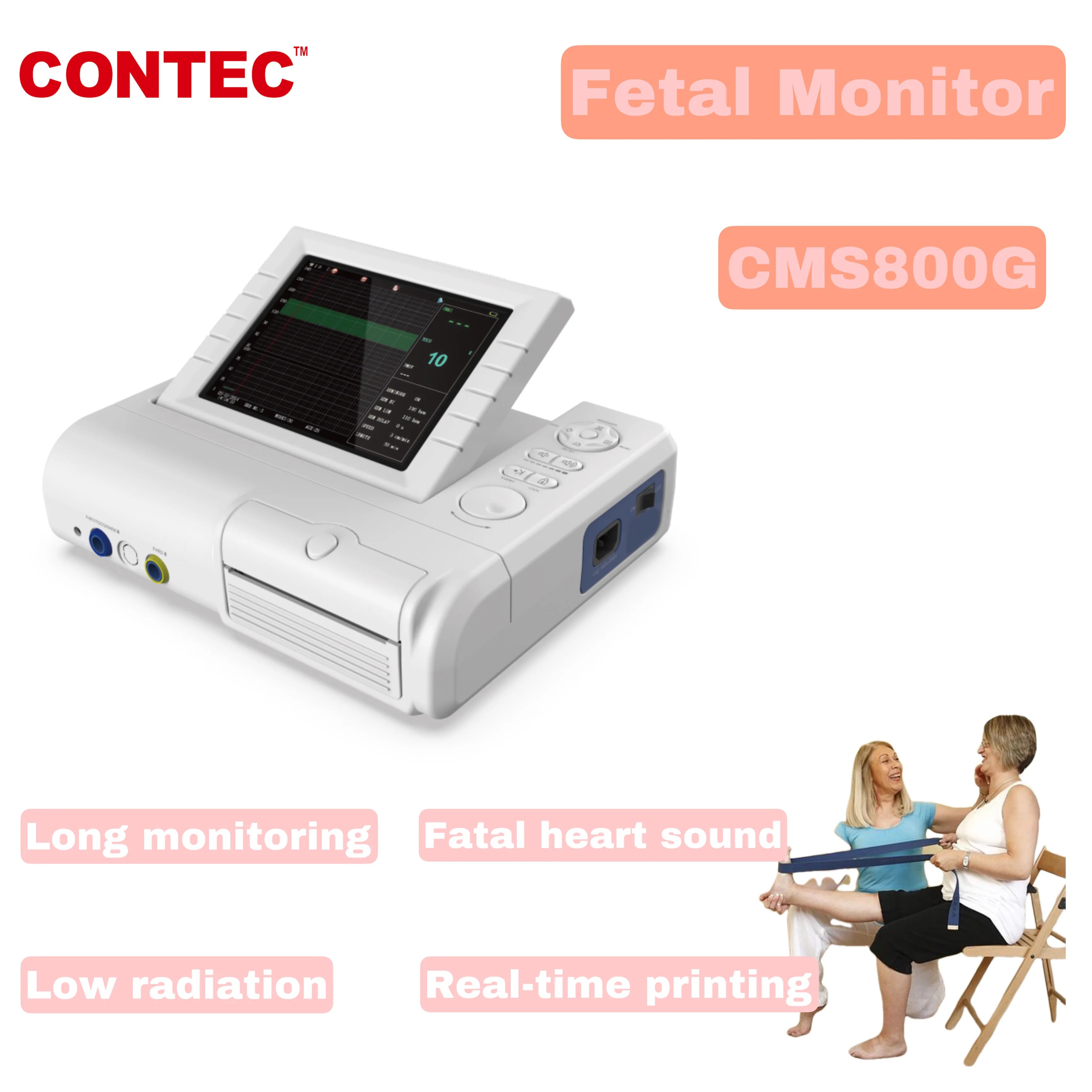 Contec Fetal Monitor CMS800G Color DisplayTwins Probe Real-time Printing Acquire Abnormal FHR,TOCO,FMOV 3 in 1Transducers Alarm