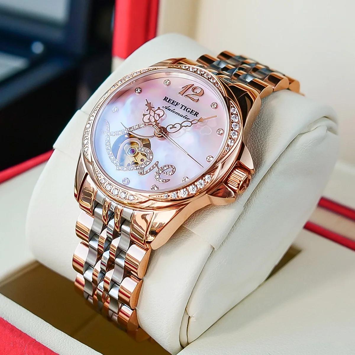 Reef Tiger/RT Luxury Automatic Flower Diamond Women Watch Rose Gold Waterproof Steel Bracelet Mechanical Gift Clock RGA1583