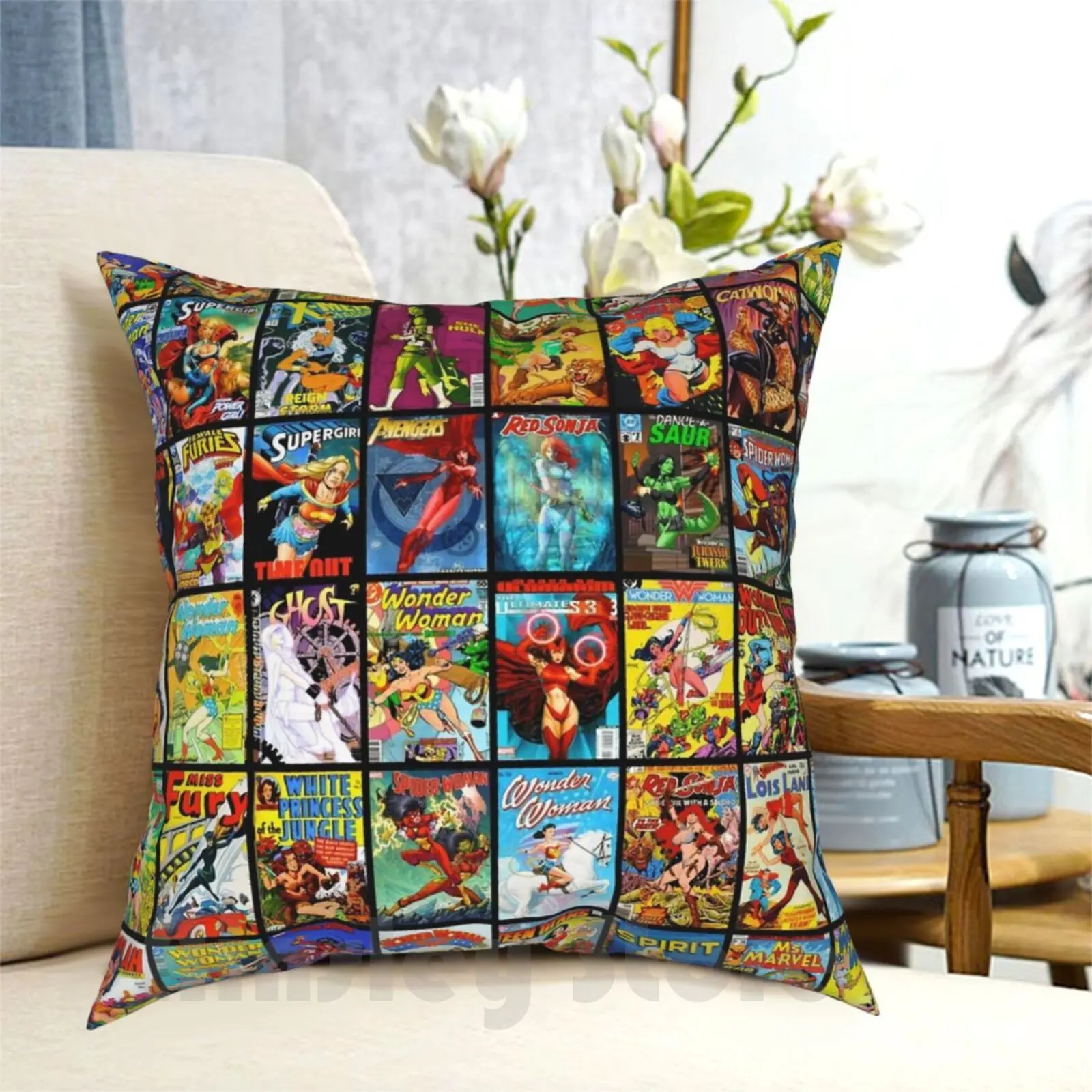 

Female Superhero Vintage Comic Book Collection Pattern Face Mask Pillow Case Printed Home Soft Throw Pillow Female
