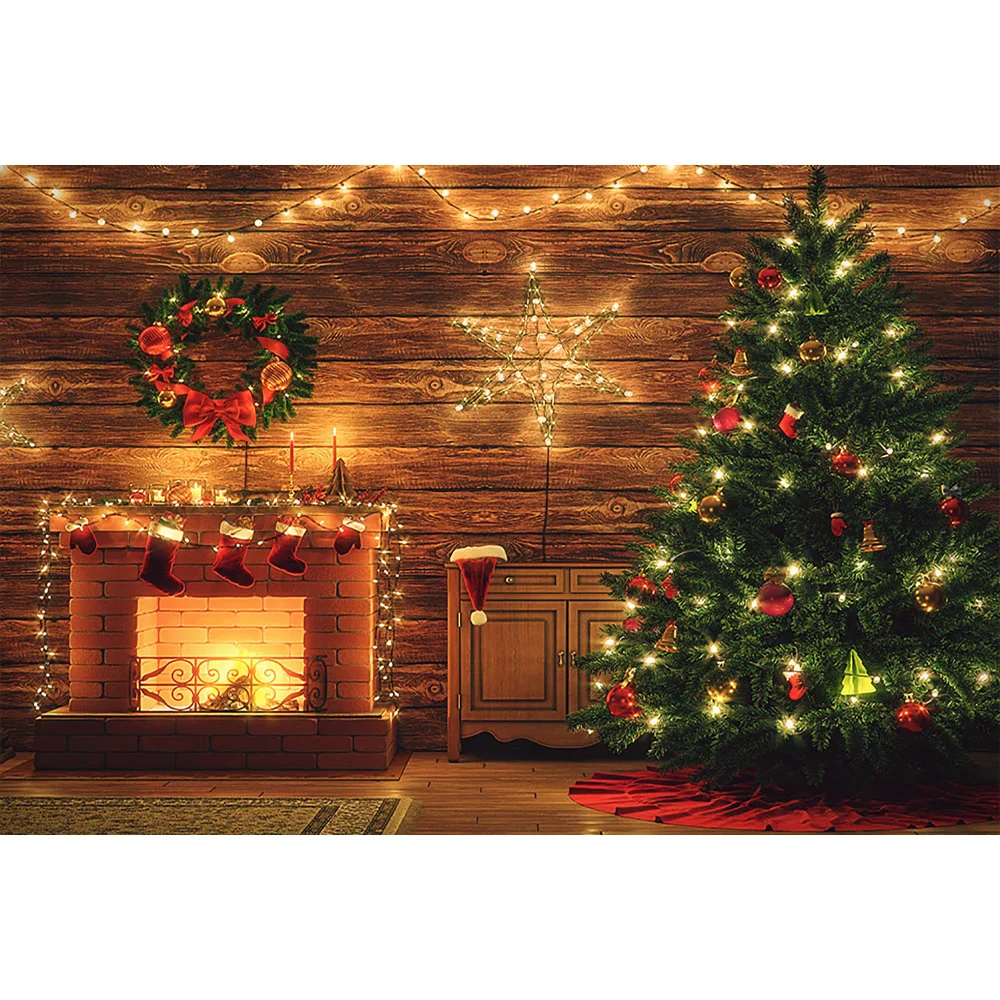 Christmas Fireplace Backdrop Photocall Christmas Tree Sock Green Wreath Background Rustic Wood Light Winter Portrait Photography