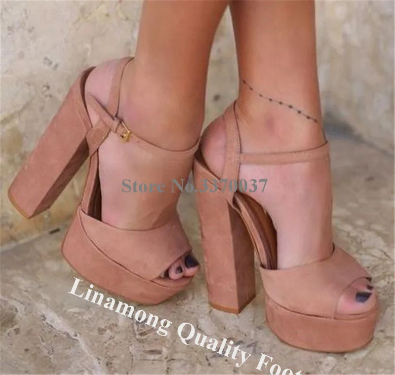 Linamong Women Fashoin Suede High Platform Chunky Heel Sandals Peep Toe Ankle Strap Thick High Heel Sandals Big Size Heels