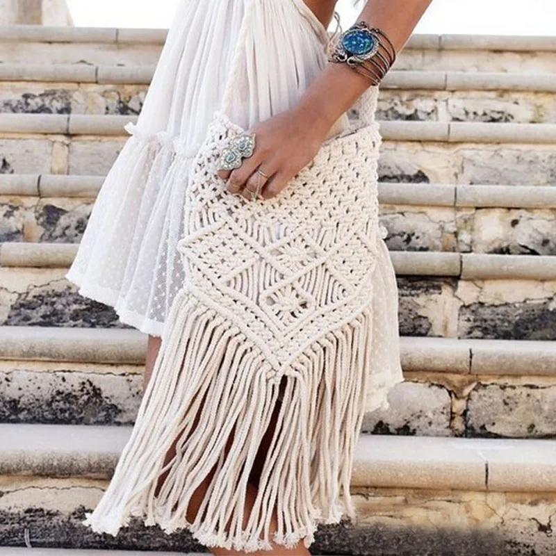 

Rope Woven Handmade Handbag Knitted Rattan Summer Beach Bag Tassel Bohe Bolsos Feminine Crochet Fringed Women Shoulder Bags New