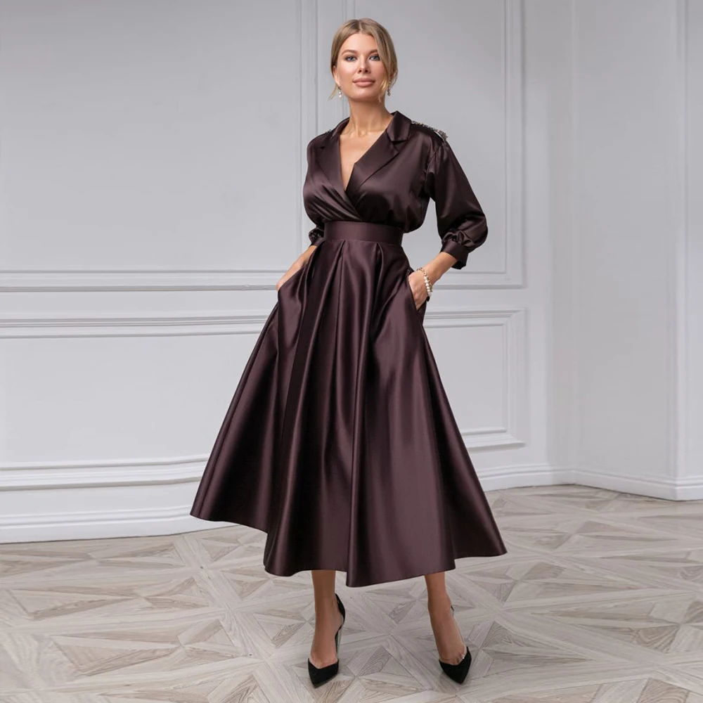 Robe De soirée en Satin pour femmes, tenue De soirée élégante, longueur avec manches, poches, Simple, grande taille