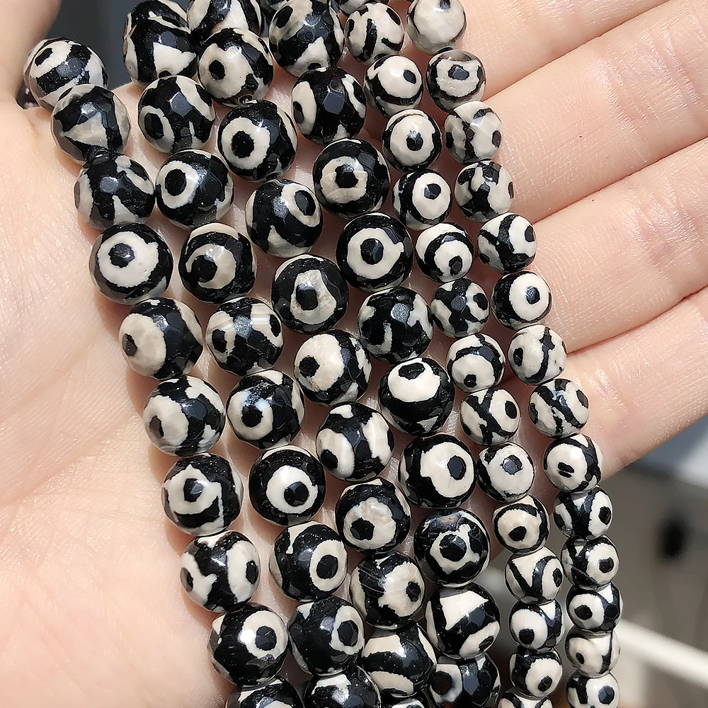 8/10/12mm Natural Faceted Tibetan Black DZI Eye Agate Beads Round Loose Spacer Beads For Jewelry Making DIY Bracelets Necklace