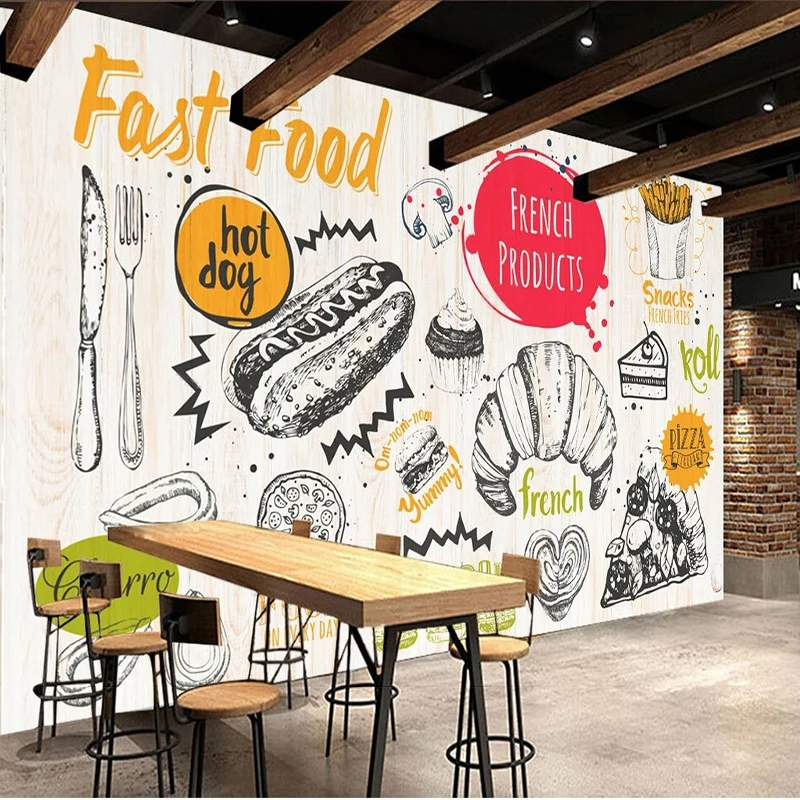 Custom 3D Wallpaper Hand Painted Wood Grain Western Restaurant Milk Tea Shop Burger Background Wall Self-Adhesive Sticker Tapety