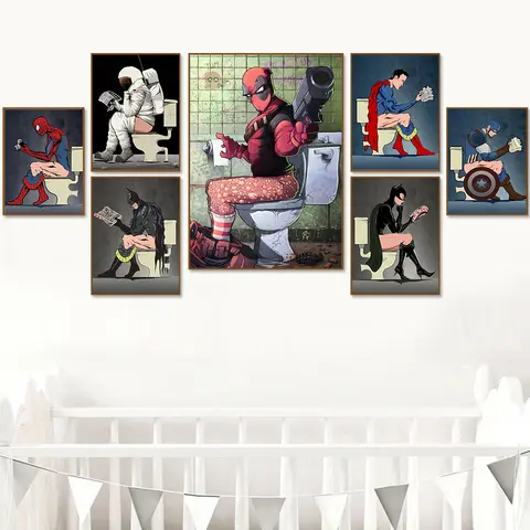 Canvas Painting Marvel Comics Avengers Funny Spiderman Deadpool Captain America Superhero Read Magazine In The Toilet Home Decor