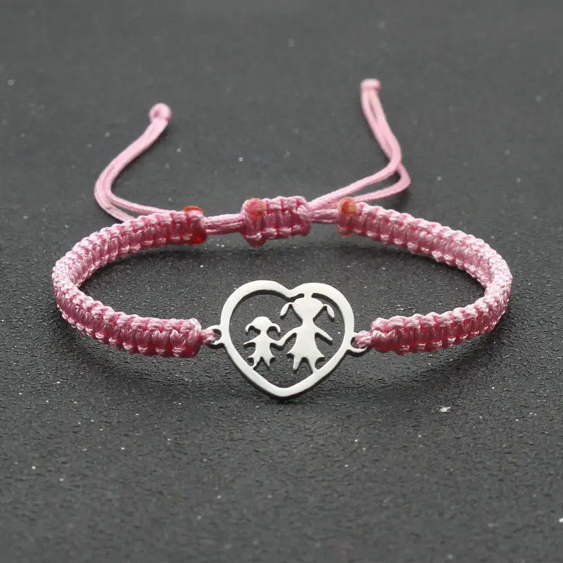Handmade Braided Rope Bracelet Stainless Steel Heart Shaped Mother and Daughter Charm Bracelets for Women Cuff Jewelry Pulsera