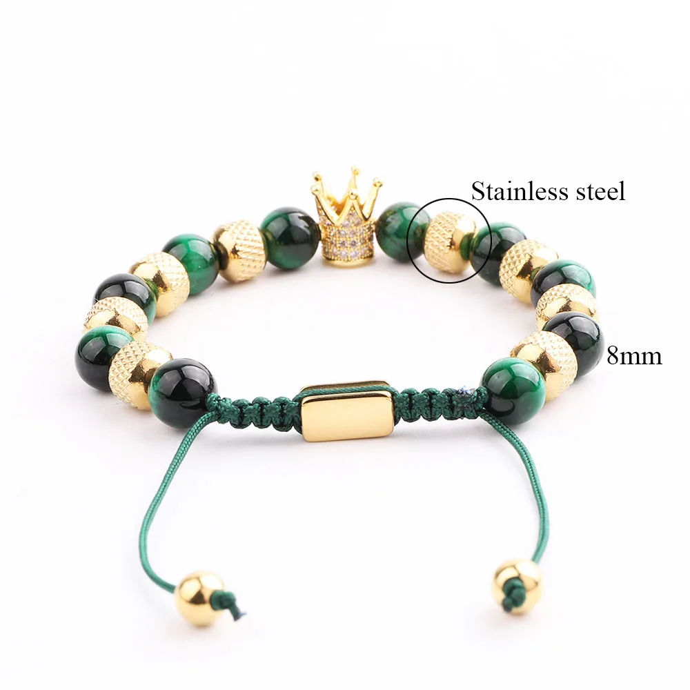 Neue Kommende Hohe Qualität Edelstahl Perlen CZ Pflastern Charme Grün Tiger Auge Schnur Geflochtene Macrame Armband Männer Schmuck Geschenk