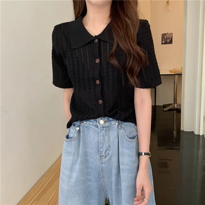 T-shirts Women Leisure Office Lady Tops Single Breasted Fashion Solid Hollow Out Summer Korean Style All-match Slim Short Sleeve