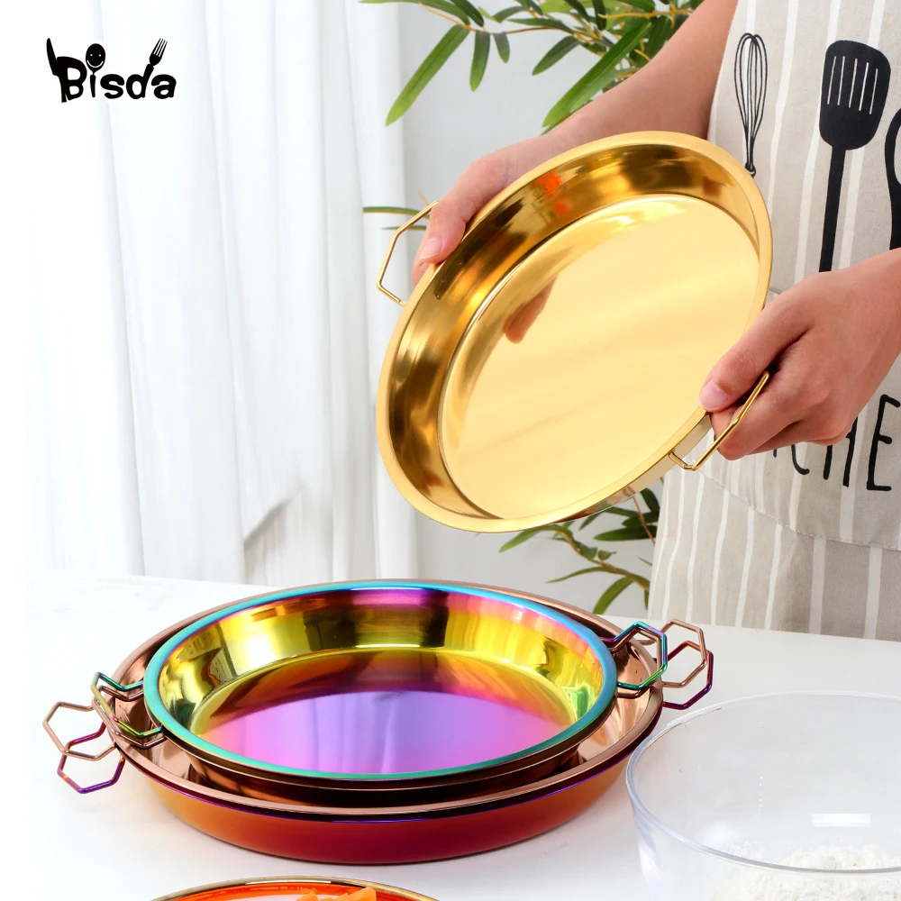 1Pcs Stainless Steel Round Plate Cake Pan Pizza Baking Tray Double Handle Cold Noodle Making Tools Serving Food Kitchen Tray