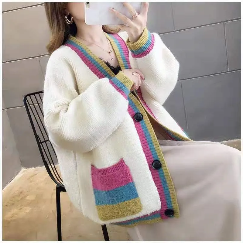 Women Casual Loose Sweater Coat Jacket Cashmere Cardigans Candy Color Knitted Sweater Korean Top Patchwork Large Big Jacket