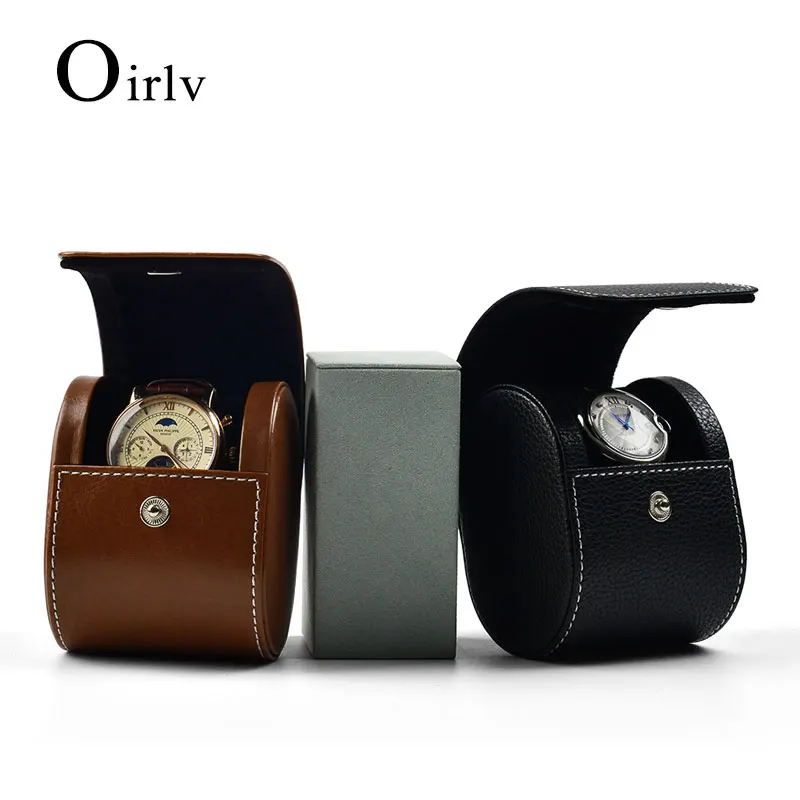 Oirlv New PU Leather Watch Storage Gift Box with Velvet Insert Brown/Black Portable Watch Bag Travel Watch Organizer with Button