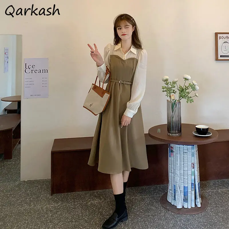 Long Sleeve Dress Women Patchwork Elegant Casual Students All-match Design Clothing Autumn Turn Down Collar Female Vestido Ins