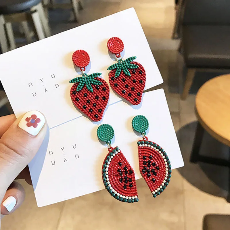

2021 Simple Chic Fruit Dangle Cute Strawberry Watermelon Drop Earrings for Women Fashion Romantic Jewelry Party Gifts