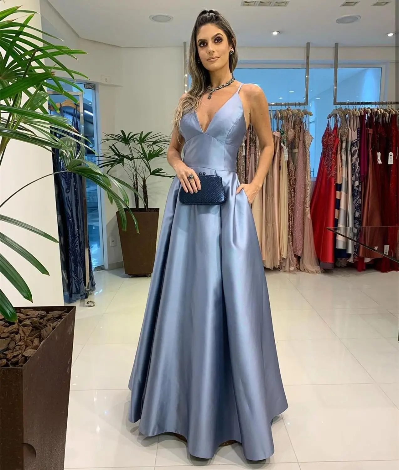 Satin Evening Dress 2021 A-Line Blue Backless Spaghetti Strap Elegant Women Formal Party Gown Pocket Court Train Custom Made