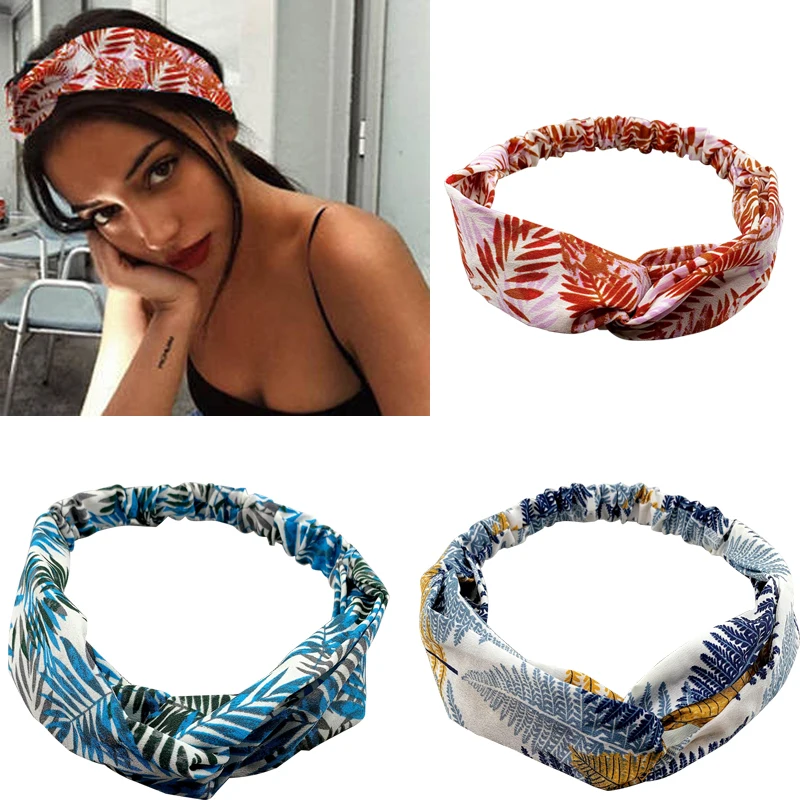 

2021 New Women Turban Cross Knot Headband Hair Bands Girl for Elastic Leaf Print Fashion Headdress Elastic Girls Accessorie