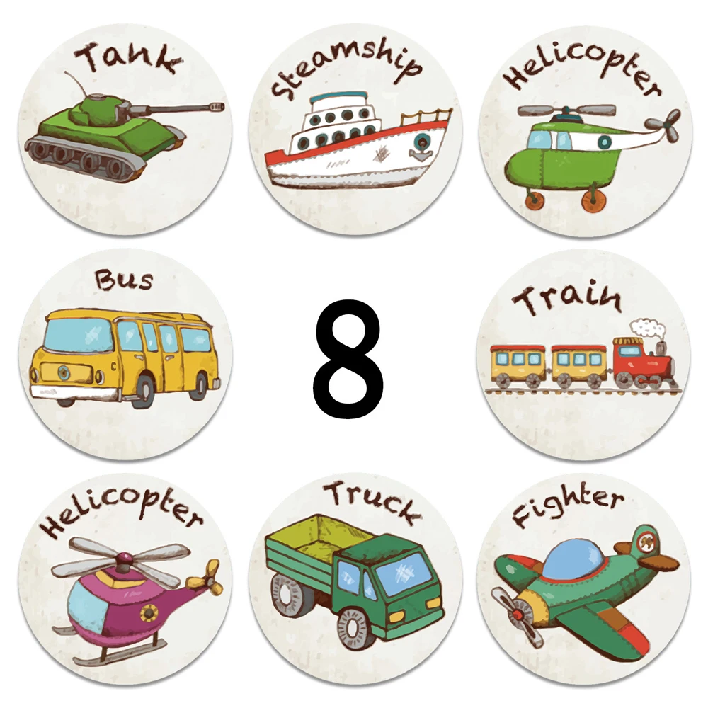 Cute Cartoon Reward Sticker for Kids, Round Sealing Labels, Ônibus, Tanque, Trem, Caminhão, 8 Carros Padrão, Incentivar, Crianças, 50-500Pcs