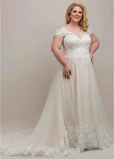 Novo elegante vestido de casamento champanhe com apliques plus size v-neck fabuloso tule fora do ombro vestidos de renda vestido de noiva