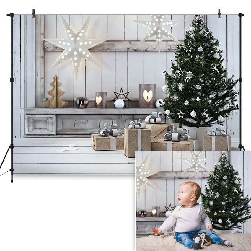 Christmas Tree Photography Background Winter Candle Gift Decoration Wooden Backdrop Kid Baby Photographic Photocall Photo Studio