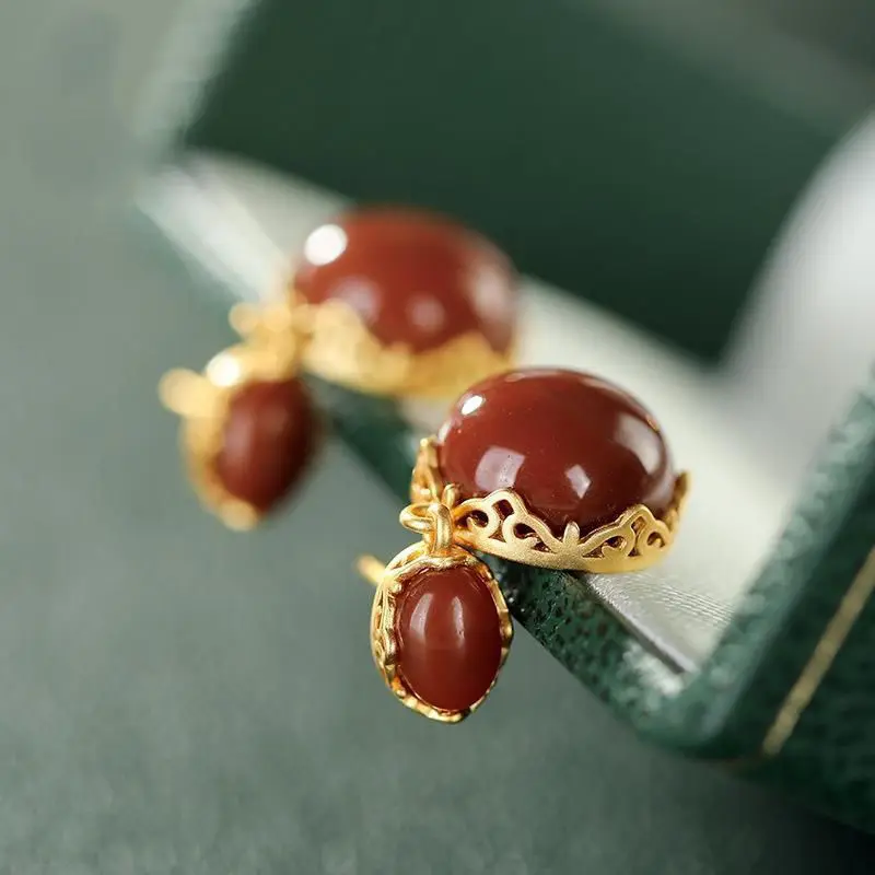 Natural Hotan South Red chalcedony Oval Earrings Chinese style retro palace  unique ancient gold craft female Festival gift