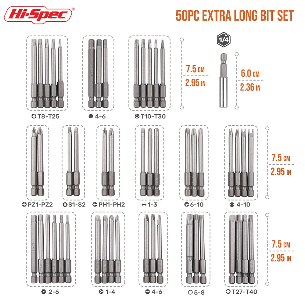 Hi-Spec-Jeu de tournevis hexagonaux à long manche, tête de sécurité, kit d'embouts de tournevis 1/4, outils à main hexagonaux Torx, 25 pièces, 50 pièces, 51 pièces pour perceuse électrique