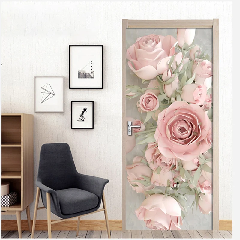 

European Style Pink Rose Door Sticker For Living Room Bedroom Study PVC Self-adhesive Door Decor Art Mural Creative 3D Decals