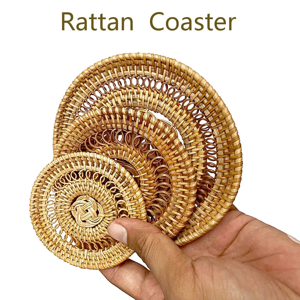 1PC Handmade Round Rattan Placemat Coaster Kitchen Table Bowl Mat Durable Woven  Insulation Placemats Coaster Teapot Mat 3 Sizes