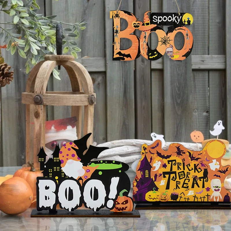 1pc Happy Halloween Wooden Craft Hanging Ornament Spooky Boo Trick Or Treat Party Supplies Wood Desktop Home Halloween Decor