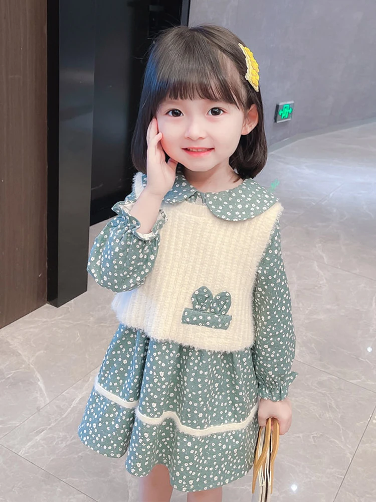 

Girls Fashionable Floral Princess Dress Set Spring & Fall Korean Baby Kids Cartoon Long Sleeve Dress + White Knitted Vest 2 Pcs