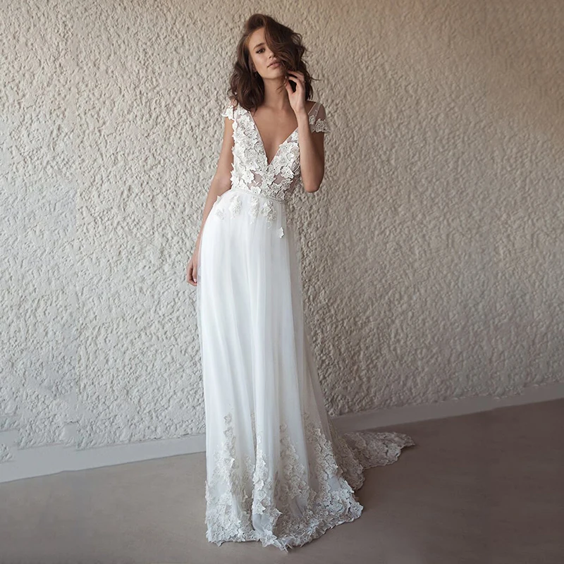 Czeski koronkowe suknie ślubne 2021 nowy przepuszczalność V neck suknie ślubne sukienka w stylu Boho De Mariage proste Backless Beach