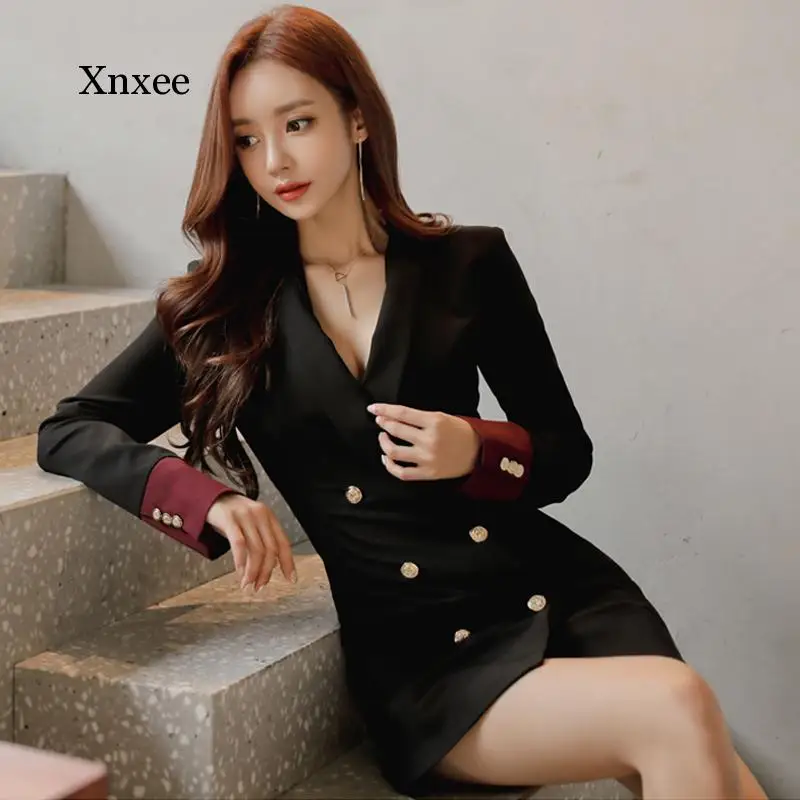 Elegant Turn-Down Collar Double-Breasted Women Blazers Patchwork Cuff Slim Waist Female Mid-Length Suit Jacket Dress