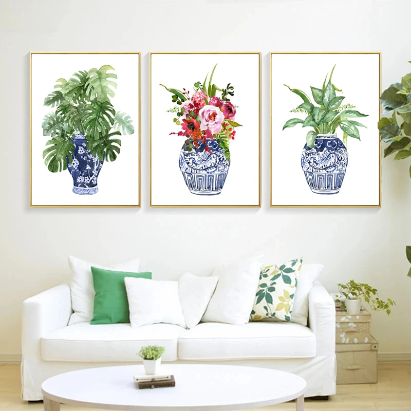 

Blue and White Porcelain Canvas Painting Watercolor Flower Plant Wall Art Chinese Posters and Prints Home Decor for Living Room