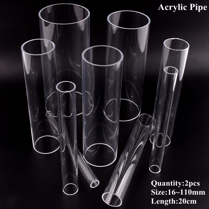 2Pcs 16~110mm Transparent Acrylic Pipe Aquarium Fish Tank Plexiglass Water Supply Tube Garden Watering Irrigation Fittings 20cm