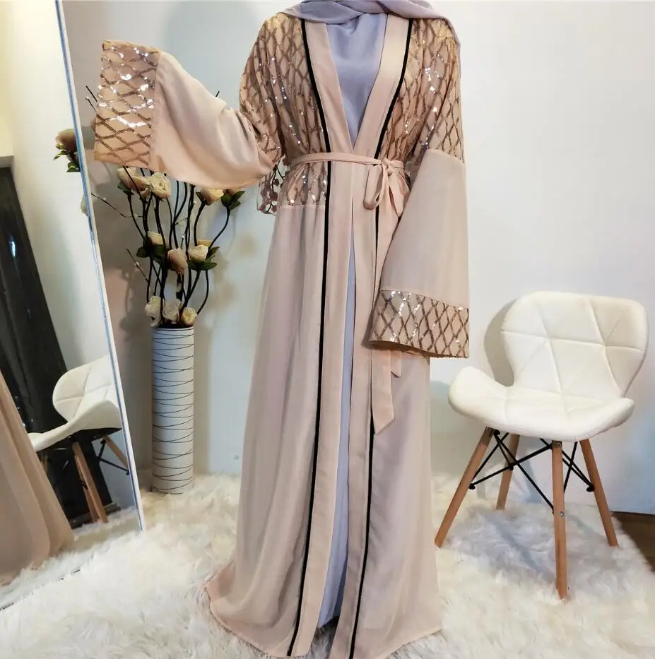 

Fashion Shining Sequin Chiffon Design Islamic Clothing Women Muslim Dress Cardigan Dubai Abaya Middle East Arab robe a1528