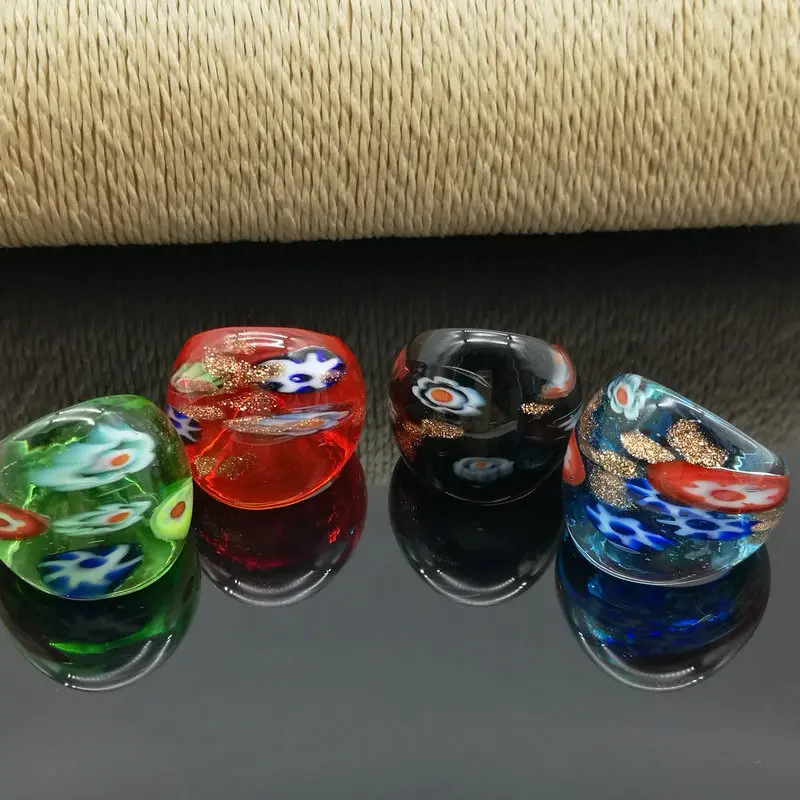 4PCS Mix Colors Chinese Style Jewelry Lampwork Glass Muran Rings 17-19mm Green Blue Black Red Flower