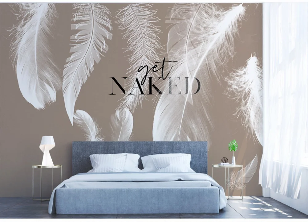 Custom wallpaper stylish English font hand-painted feathers small fresh Nordic TV background wall-waterproof material