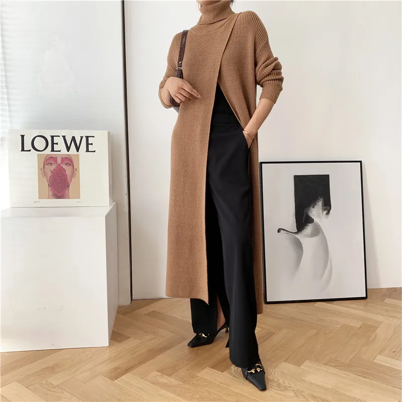 Turtleneck Autumn Winter Sweater Maxi Dress Women Korean Fashion Long Sleeve Knitted Dress Ladies Side High Slit Oversize Dress