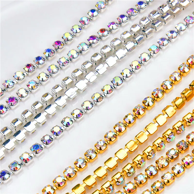 10Yards/Roll Clear Crystal Diamond Chains SS6-SS28(2Mm-6Mm) Silver/Gold Base Rhinestone Chain Apparel Sew DIY Beauty Accessories