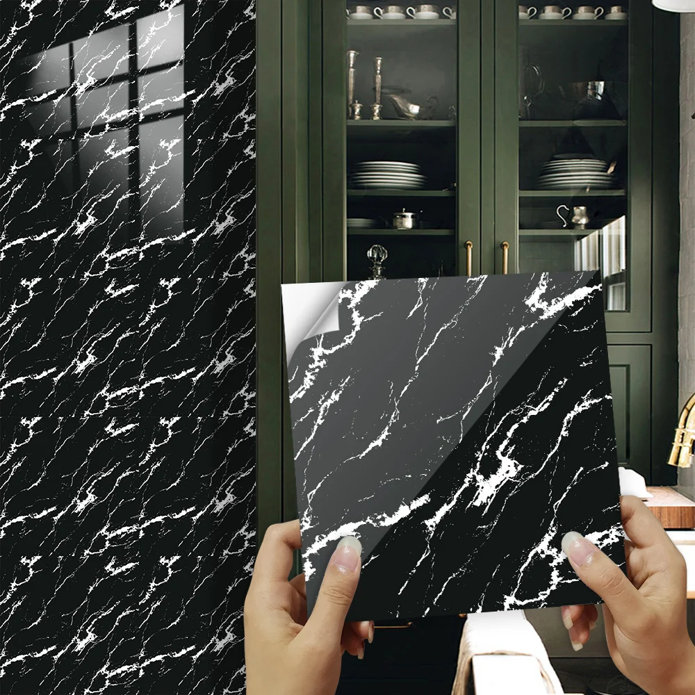 10/15/20/30cm Simulation Black Marble Tile Sticker Kitchen Bathroom Wardrobe Decor Waterproof & Oil-proof Ceramics Art Wallpaper