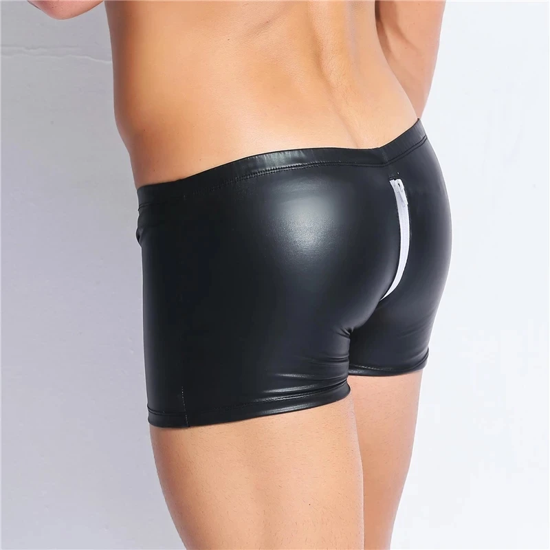 Mens Sexy Open Crotch Leather Short Pants For Sex Latex Bodycon Zipper Crotchless Patent Leather Fetish Boxer Hot Pants Sissy