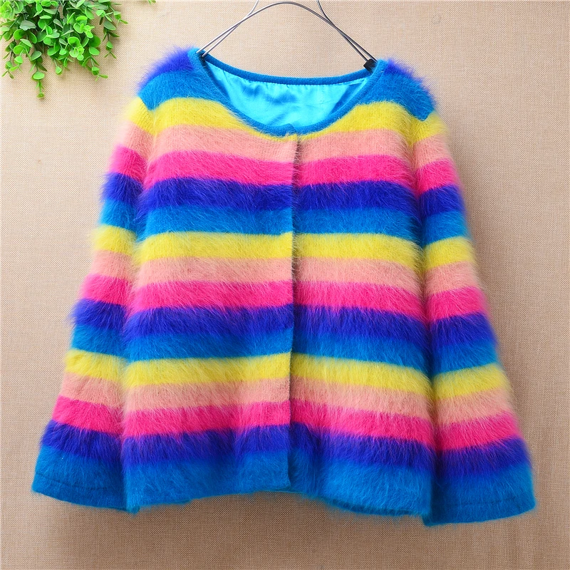 Knit Cardigan Women tops Sweater Coat 2020 mink cashmere knitted sweater coat outwear  slim Long Sleeve Rainbow Stripe femme