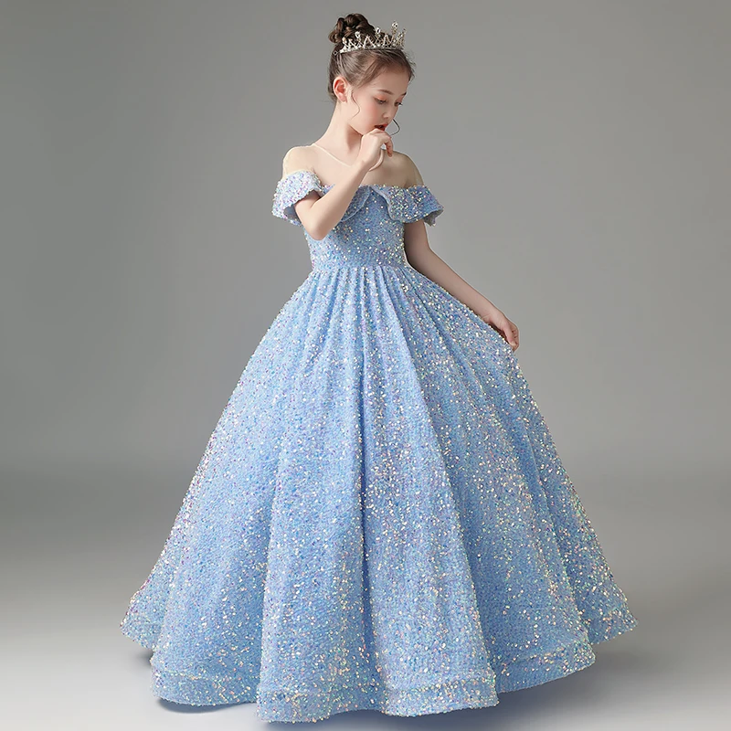 Fancy Light Sky Blue Flower Girls' Dresses Sheer Neckline Sparkling Shining Sequins Fabric Ball Gown Girls' Party Gowns