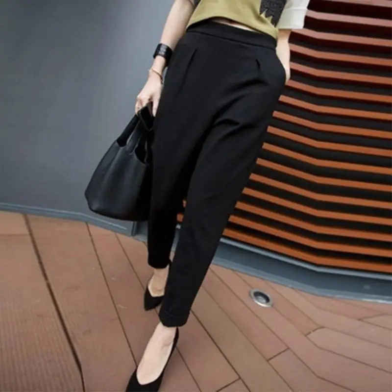 

Casual Pants Women New Hot Fashion Women Fashion Ankle -Length Trousers Female Classic Mid Elastic Waist