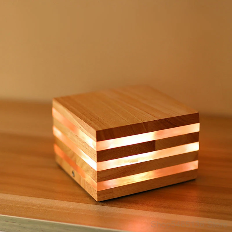 Japanese Square Solid Wood Night Light Led USB Pat Sensor Night Lights Nordic Wooden Table Lamps for Baby Bedroom Bedside Lamp