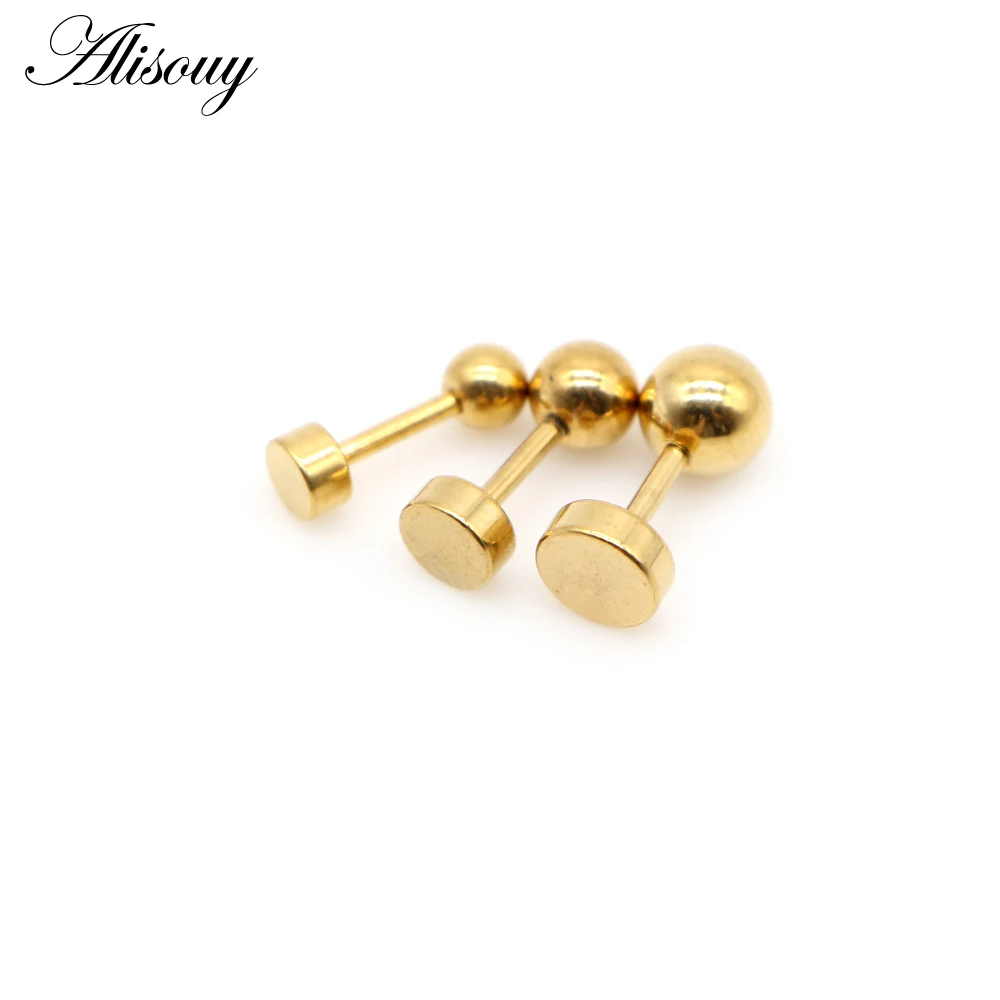 Alisouy 2pcs Stainless Steel Gold Color Ball Round screw Ear Stud Earrings for Women Men Baby/Kid 4mm/5mm/6mm Piercing Jewelry