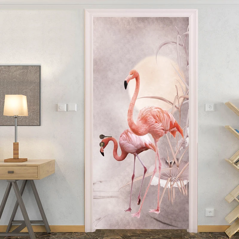 Self-Adhesive Door Sticker 3D Pink Bird INS Nordic Style Wallpaper Bedroom Door Poster PVC Waterproof Sticker Door Decal Murals