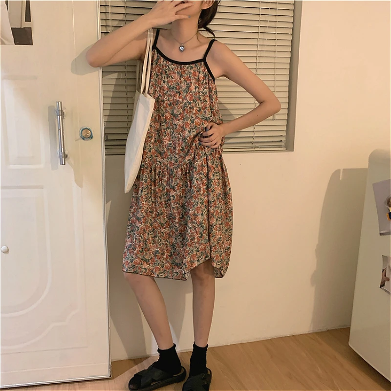 Sleeveless Dress Women Vintage Summer French Floral Stylish Lovely Spaghetti Strap Femme Dresses Loose  Chic Girl Sundress